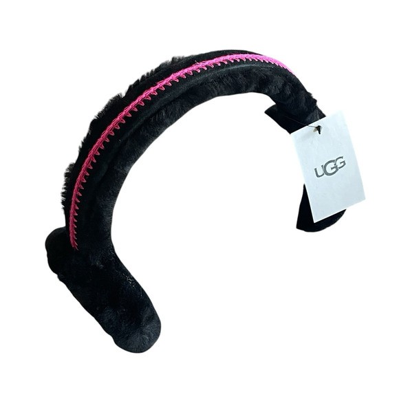UGG Women OS Black Pink Shearling Sheepskin Embroidered Earmuffs Logo NWT + Box main image 7
